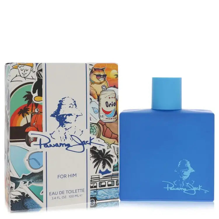 Panama Jack men’s cologne bottle with square shoulders and blue cap beside gift box