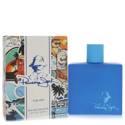 Panama Jack men’s cologne bottle with square shoulders and blue cap beside gift box