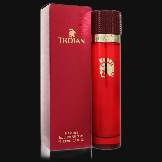 Women's eau de parfum spray bottle with red TROJAN box