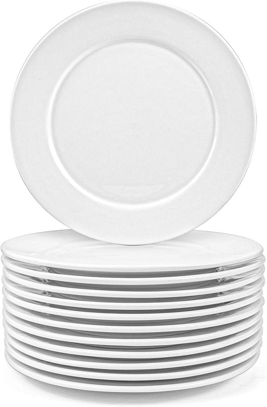 Set of white round porcelain salad plates with raised rim, stacked