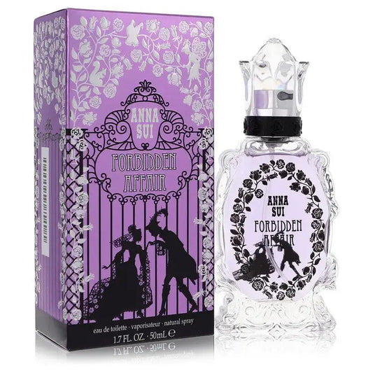 Women’s perfume: purple gift box and clear spray bottle with floral label.