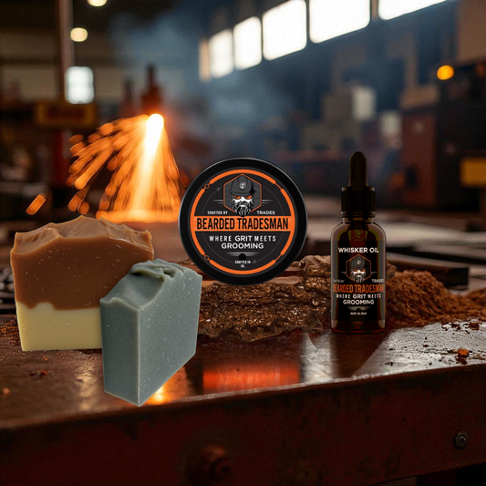 Beard grooming kit with tin balm, whisker oil bottle, and two soap bars