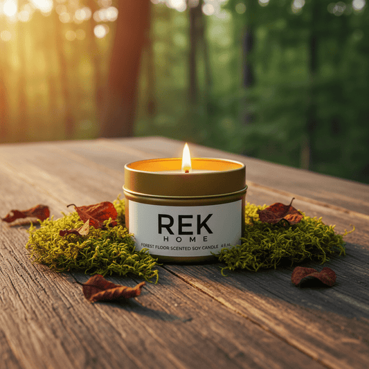 Soy candle in white jar with gold lid, flame lit; REK HOME label