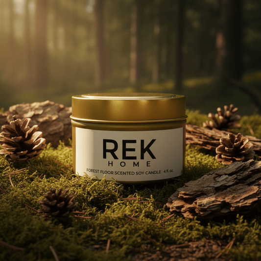 Forest floor soy candle in white jar with gold lid; REK HOME label