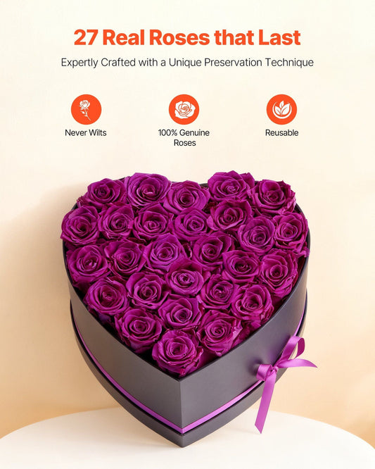 Forever Flowers, 27 Preserved Roses in Heart Shape Box, Eternal Flowers Immortal Bouquet Birthday Present for Women Her Wife Mothers, Anniversary, Valentine's Day,Christmas, Purple - Renee Lane Company