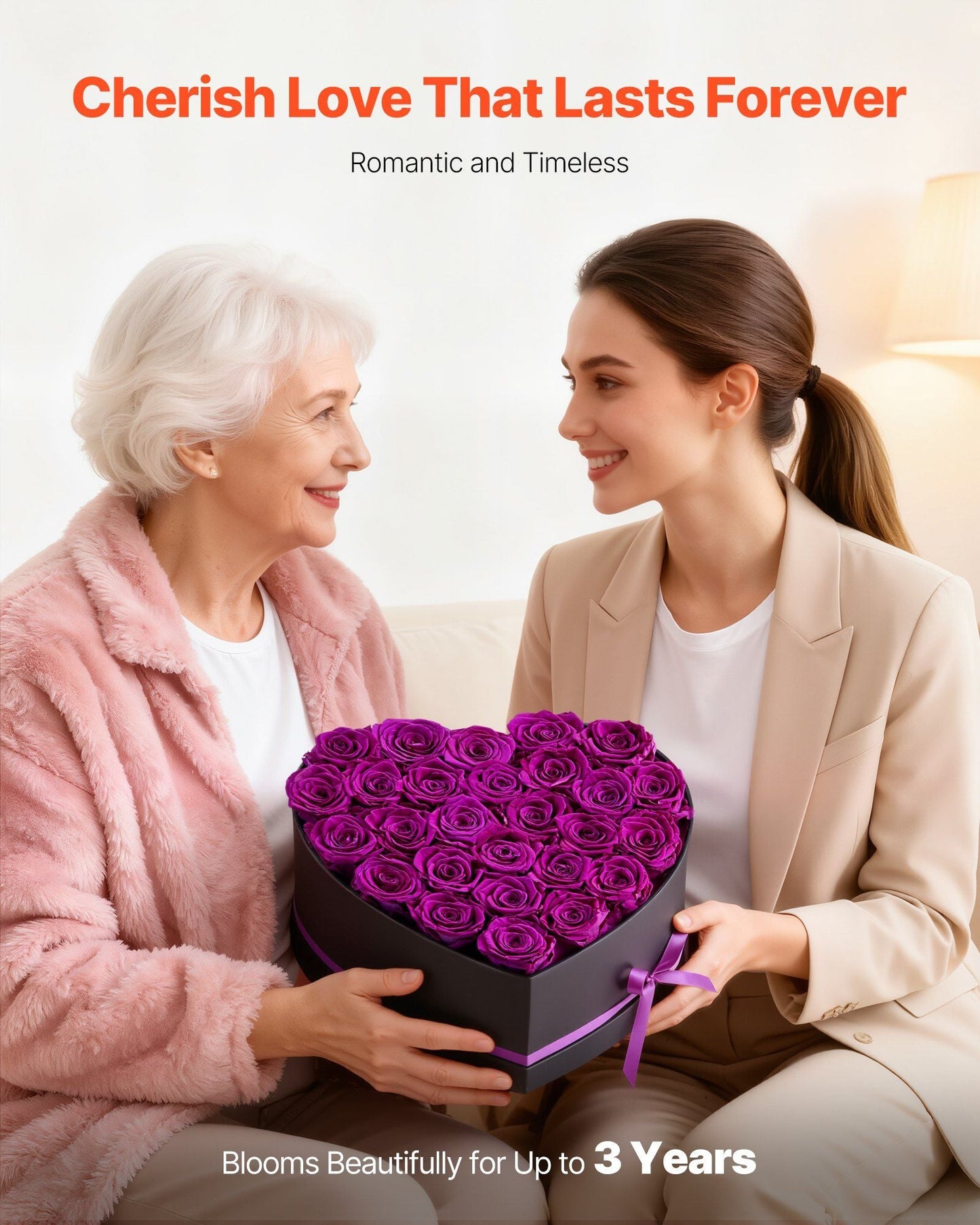 Forever Flowers, 27 Preserved Roses in Heart Shape Box, Eternal Flowers Immortal Bouquet Birthday Present for Women Her Wife Mothers, Anniversary, Valentine's Day,Christmas, Purple - Renee Lane Company