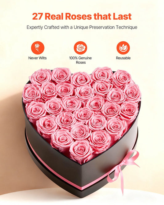 Forever Flowers, 27 Preserved Roses in a Heart Shape Box, Eternal Flowers Immortal Bouquet Birthday Present for Women Her Wife Mothers, Anniversary, Valentine's Day,Christmas, Pink - Renee Lane Company
