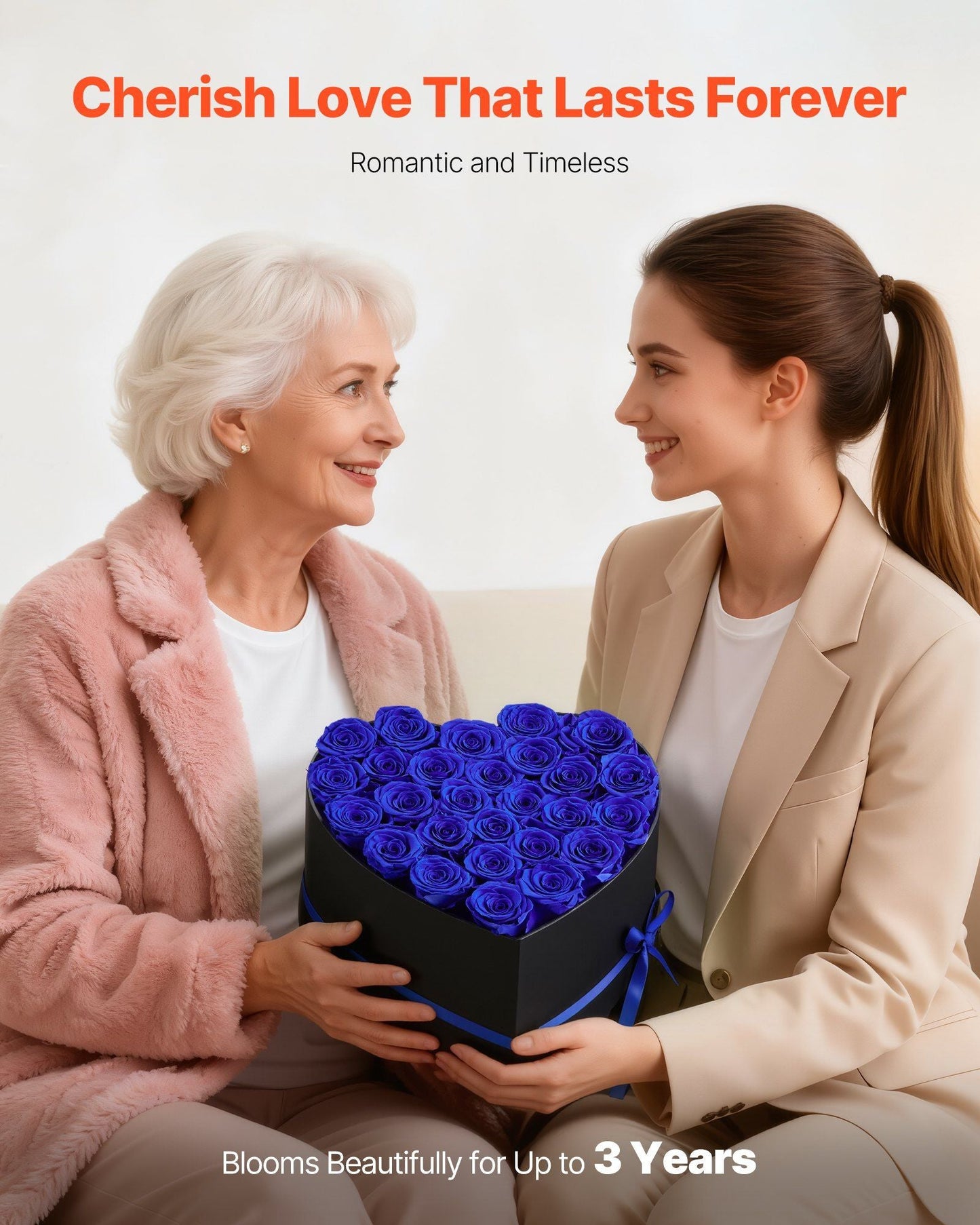 Forever Flowers, 27 Preserved Roses in a Heart Shape Box, Eternal Flowers Immortal Bouquet Birthday Present for Women Her Wife Mothers, Anniversary, Valentine's Day,Christmas, Royal Blue - Renee Lane Company