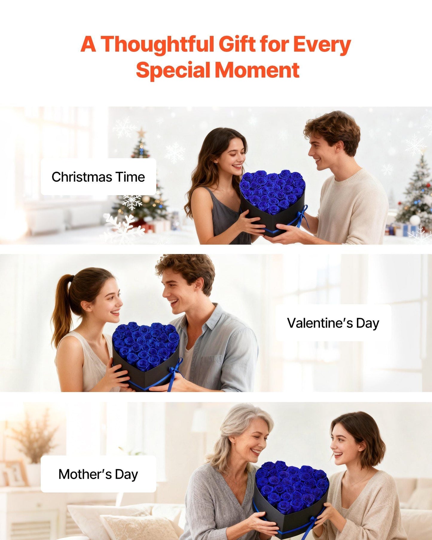 Forever Flowers, 27 Preserved Roses in a Heart Shape Box, Eternal Flowers Immortal Bouquet Birthday Present for Women Her Wife Mothers, Anniversary, Valentine's Day,Christmas, Royal Blue - Renee Lane Company