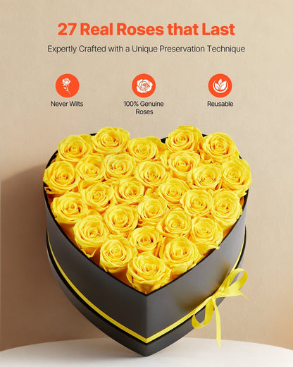 Forever Flowers, 27 Preserved Roses in a Heart Shape Box, Eternal Flowers Immortal Bouquet Birthday Present for Women Her Wife Mothers, Anniversary, Valentine's Day,Christmas, Yellow - Renee Lane Company