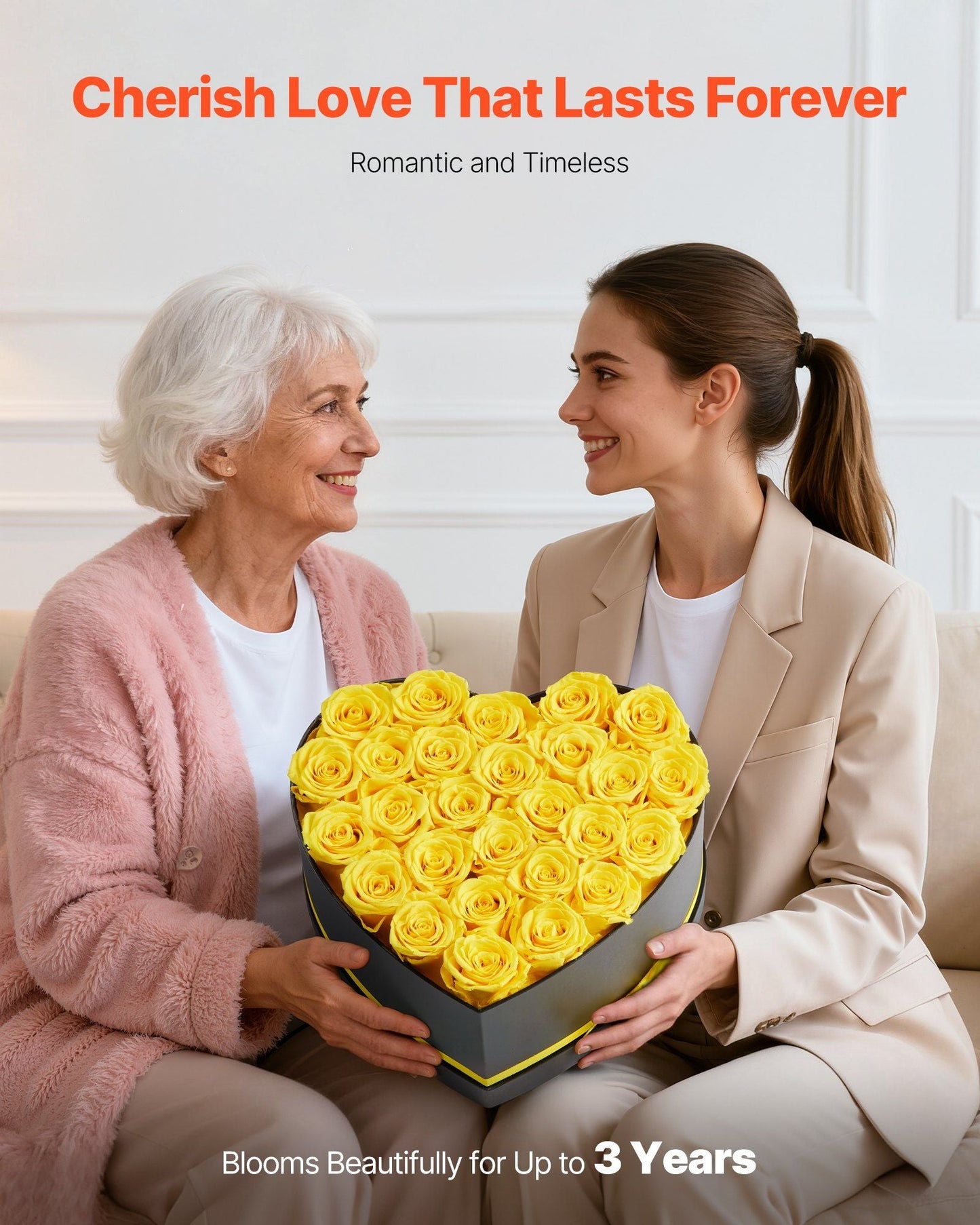 Forever Flowers, 27 Preserved Roses in a Heart Shape Box, Eternal Flowers Immortal Bouquet Birthday Present for Women Her Wife Mothers, Anniversary, Valentine's Day,Christmas, Yellow - Renee Lane Company