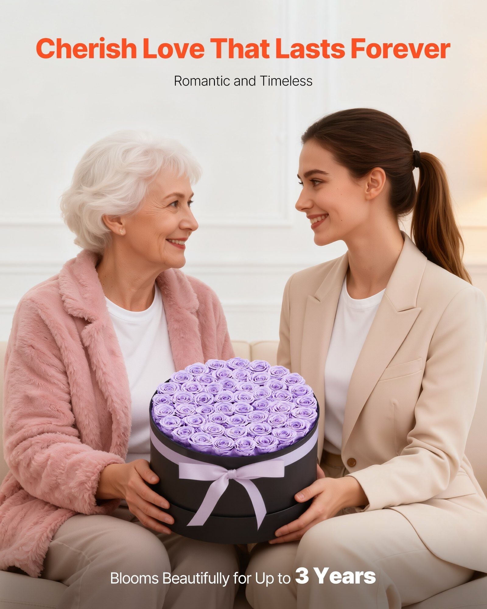 Forever Flowers, 50 Preserved Roses in a Box, Eternal Flowers Immortal Bouquet Birthday Present for Women Her Wife Mothers, Anniversary, Valentine's Day,Christmas, Lavender Purple - Renee Lane Company