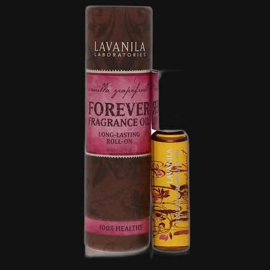Lavanila Forever Fragrance Oil roll-on, shown with open silver cap and gold bottle