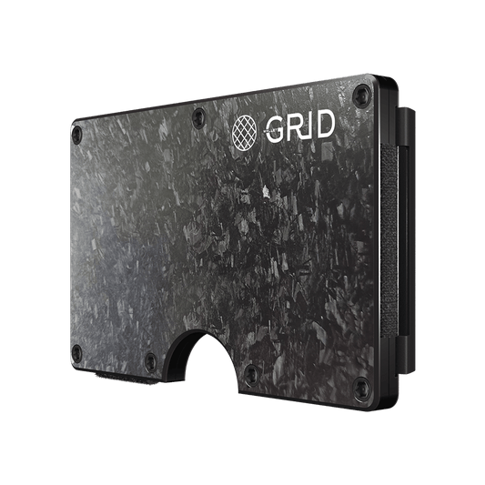 Forged carbon money clip with black hinge and front GRID logo