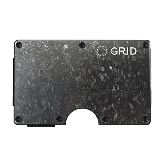 Forged carbon money clip front with cutout for bills and GRID logo