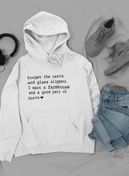White hoodie with kangaroo pocket and drawstring hood, front printed quote