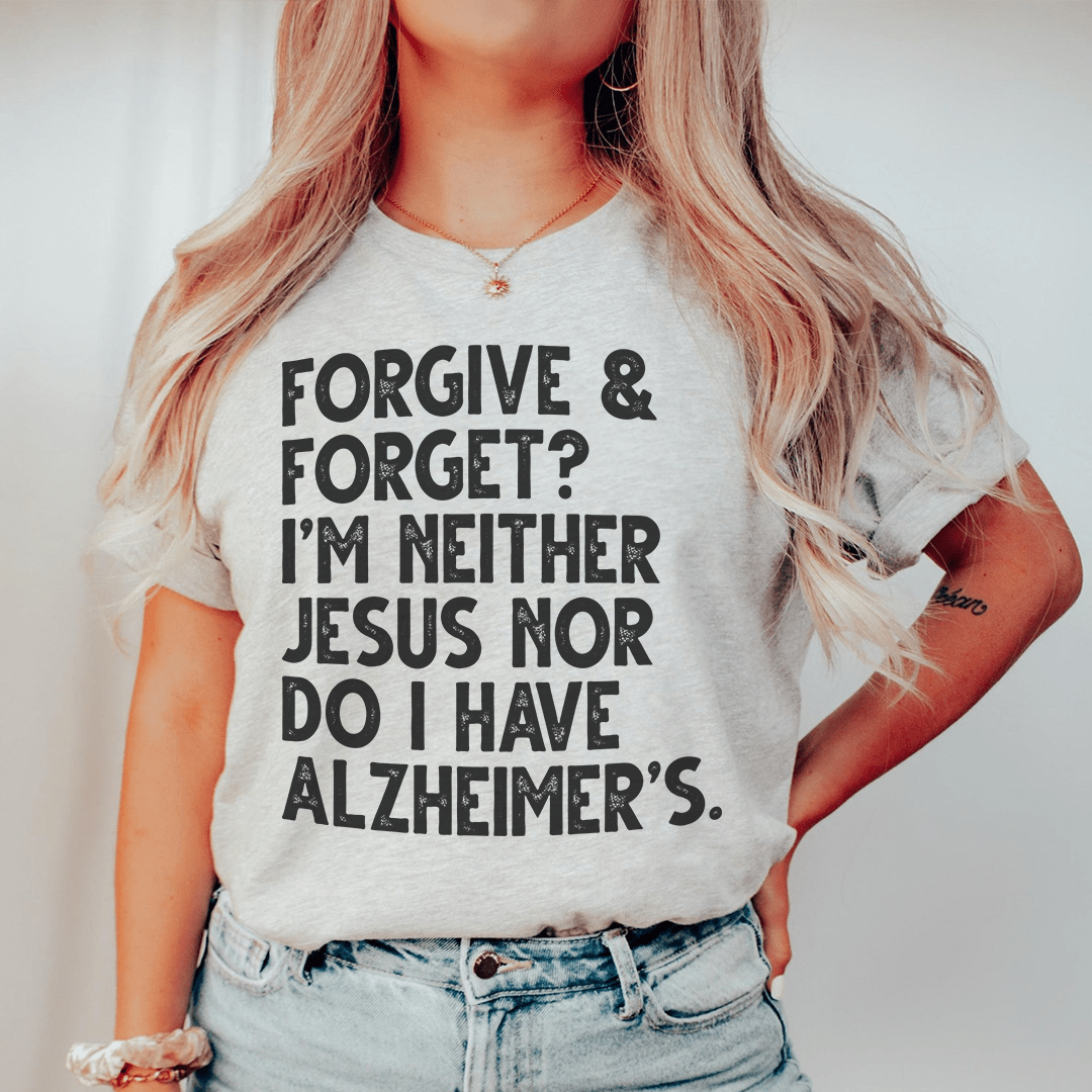 Light gray crewneck T-shirt with bold black "Forgive & Forget?" front text