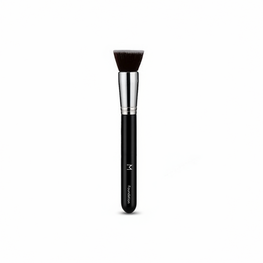 Foundation brush with dense kabuki-style synthetic bristles, black handle and silver ferrule