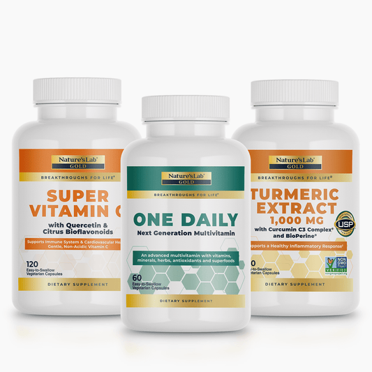 Immunity supplement kit with three labeled supplement bottles and white caps