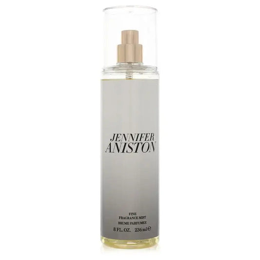 Cylindrical mist bottle with gold sprayer and Jennifer Aniston branding