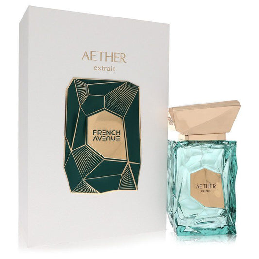 Fragrance World Aether extrait de parfum spray, teal glass bottle with gift box.
