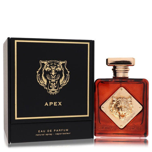 Fragrance World Apex eau de parfum spray bottle with gold cap and red glass, boxed