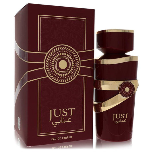 Eau de Parfum spray bottle with maroon glass and gold accents, in matching box