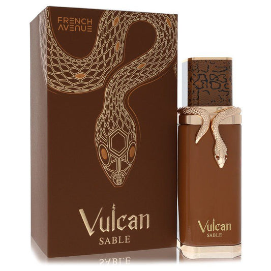 Brown Eau de Parfum spray bottle with gold cobra-style label and matching box