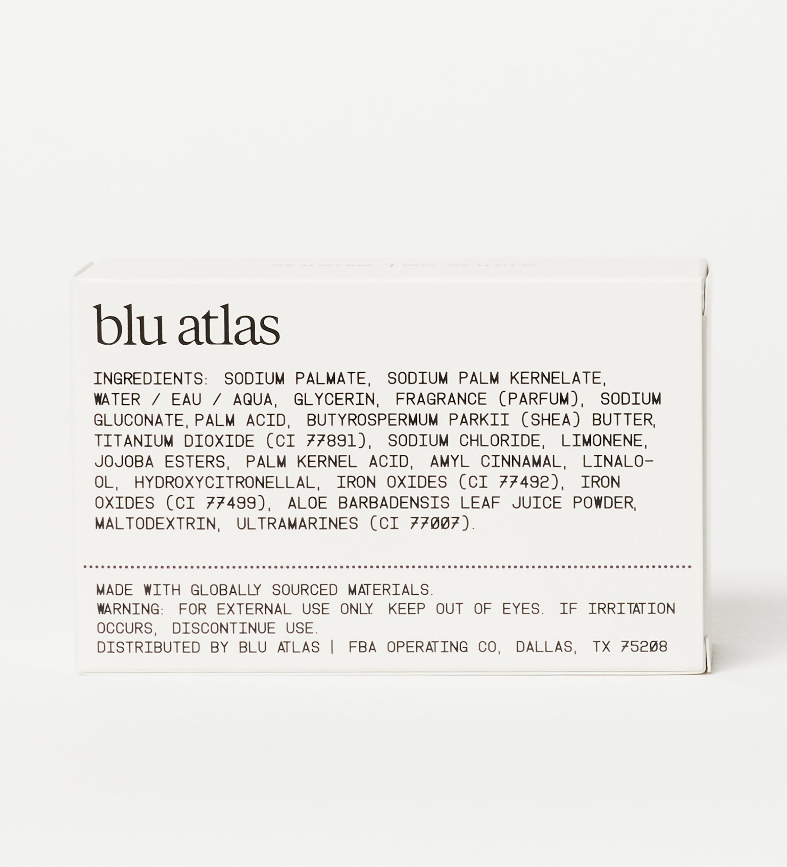 Blu Atlas soap box back, ingredient facts panel