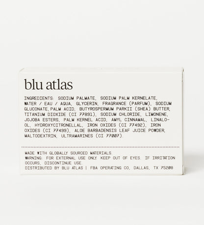Blu Atlas soap box back, ingredient facts panel
