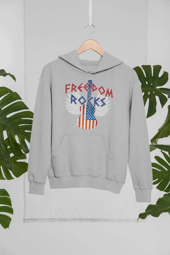 Freedom Rocks hoodie, light gray, hood and kangaroo pocket with Freedom Rocks graphic