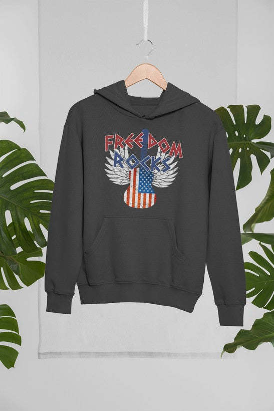 Freedom Rocks hoodie, dark charcoal, hood and kangaroo pocket with Freedom Rocks graphic