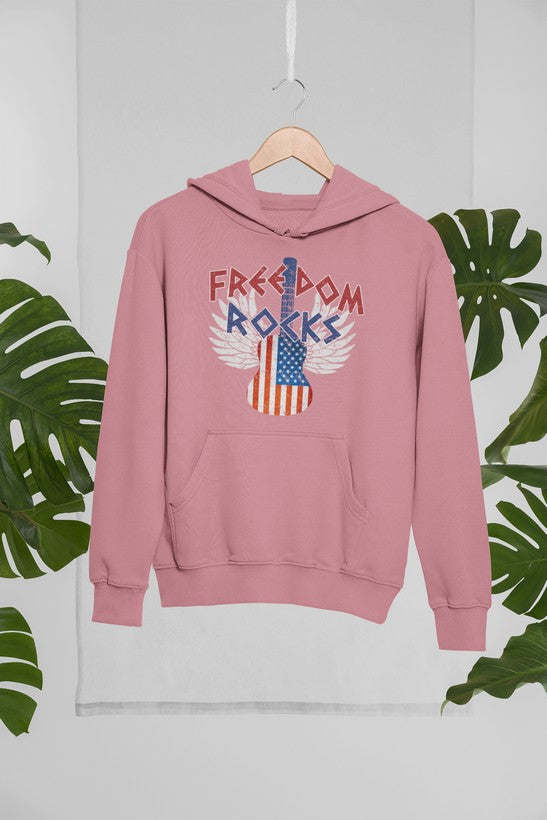 Mauve pullover hoodie with Freedom Rocks graphic and front kangaroo pocket