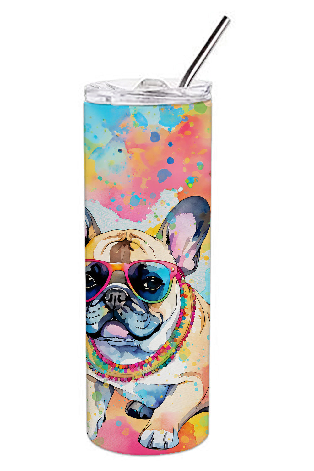 French Bulldog Hippie Dawg Stainless Steel Skinny Tumbler Vacuum Double Walled Reusable Insulated Tumbler Travel Cup for Coffee Cocktails Gift with Lid, 20 oz - Renee Lane Company