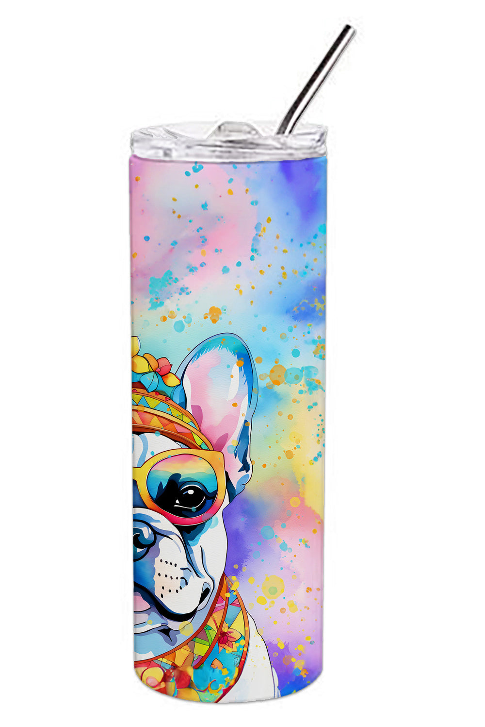 French Bulldog Hippie Dawg Stainless Steel Skinny Tumbler Vacuum Double Walled Reusable Insulated Tumbler Travel Cup for Coffee Cocktails Gift with Lid, 20 oz - Renee Lane Company
