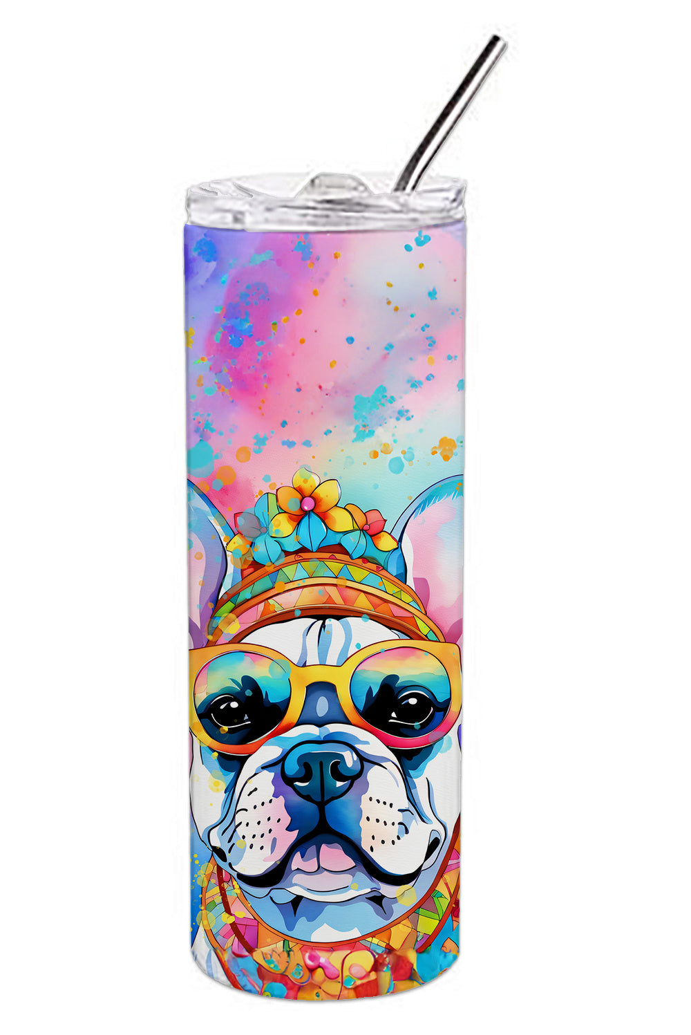 French Bulldog Hippie Dawg Stainless Steel Skinny Tumbler Vacuum Double Walled Reusable Insulated Tumbler Travel Cup for Coffee Cocktails Gift with Lid, 20 oz - Renee Lane Company