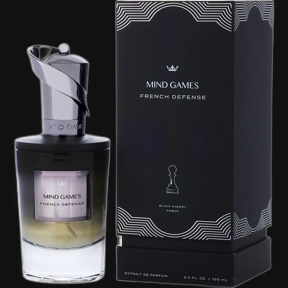 Perfume extrait de parfum bottle with dark cap, boxed set with white graphic lines