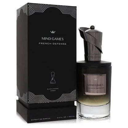 Perfume extrait de parfum bottle and rectangular box, dark design with white wavy lines