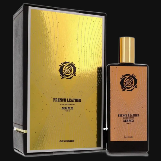 Memo French Leather unisex eau de parfum bottle with gift box, gold and dark amber