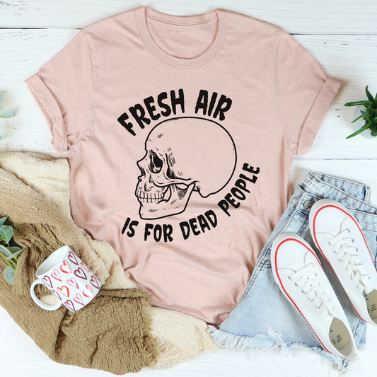Mauve T-shirt with skull and bubble graphic, “Fresh Air Is For Dead People”