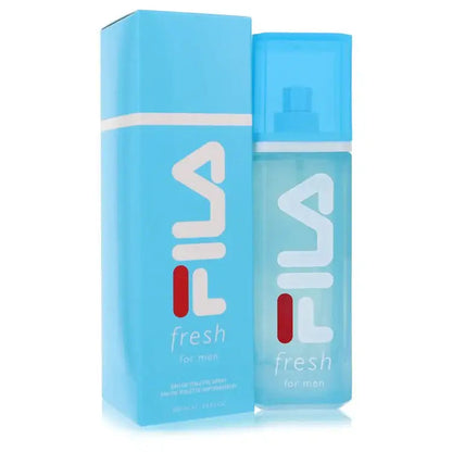 Fresh By Fila men's cologne bottles, light blue spray with white caps, side by side