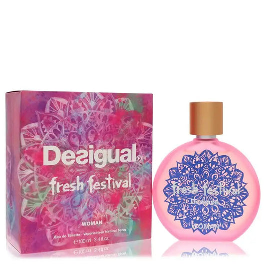 Desigual Fresh Festival women's perfume box and pink round bottle with blue emblem