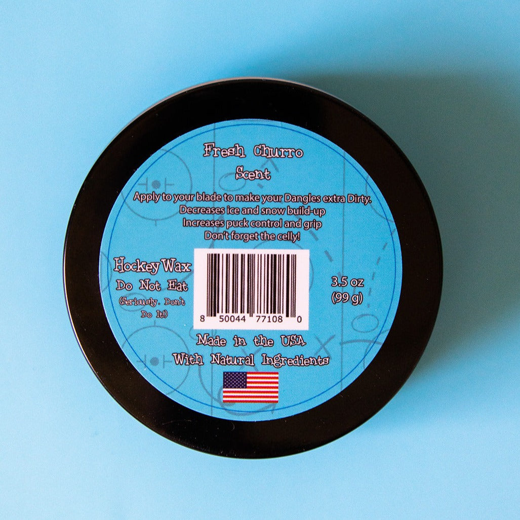 Hockey wax tin back label on blue circle with 3.5 oz 99 g and US flag
