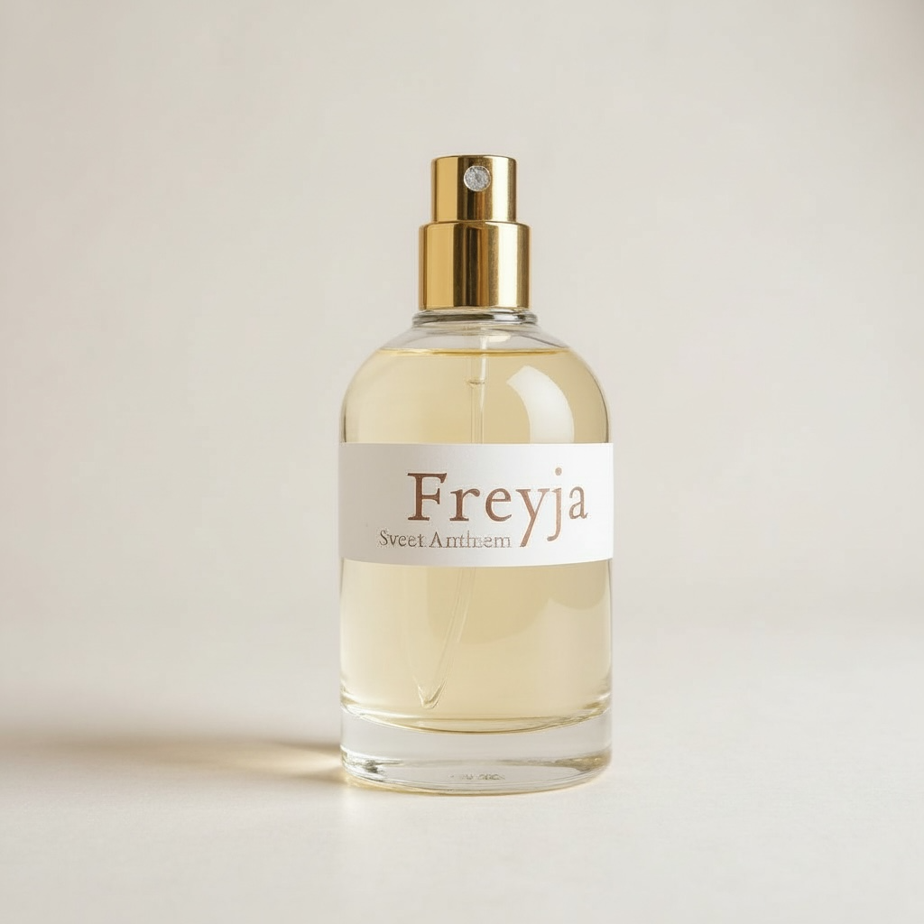 Freyja perfume spray bottle with gold cap and pale amber liquid