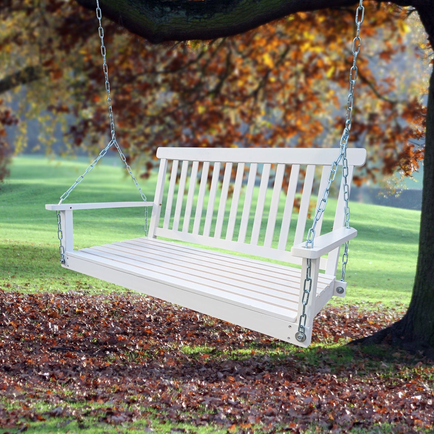 Front Porch Swing with Armrests;  Wood Bench Swing with Hanging Chains; for Outdoor Patio ; Garden Yard;  porch;  backyard;  or sunroom; Easy to Assemble; white - Renee Lane Company