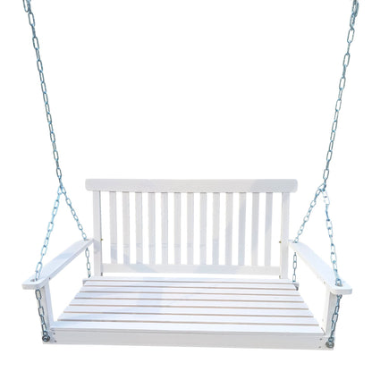 Front Porch Swing with Armrests;  Wood Bench Swing with Hanging Chains; for Outdoor Patio ; Garden Yard;  porch;  backyard;  or sunroom; Easy to Assemble; white - Renee Lane Company
