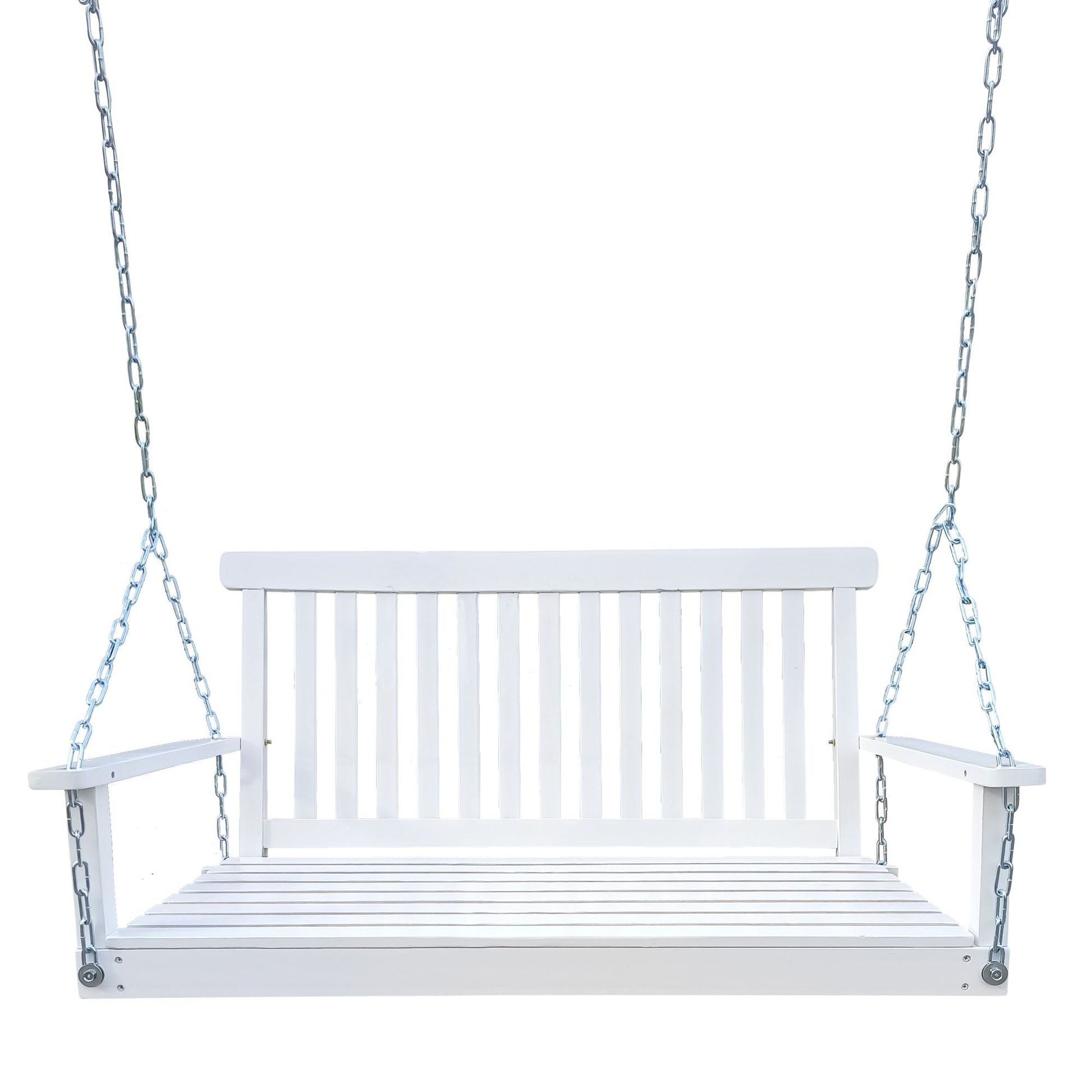 Front Porch Swing with Armrests;  Wood Bench Swing with Hanging Chains; for Outdoor Patio ; Garden Yard;  porch;  backyard;  or sunroom; Easy to Assemble; white - Renee Lane Company