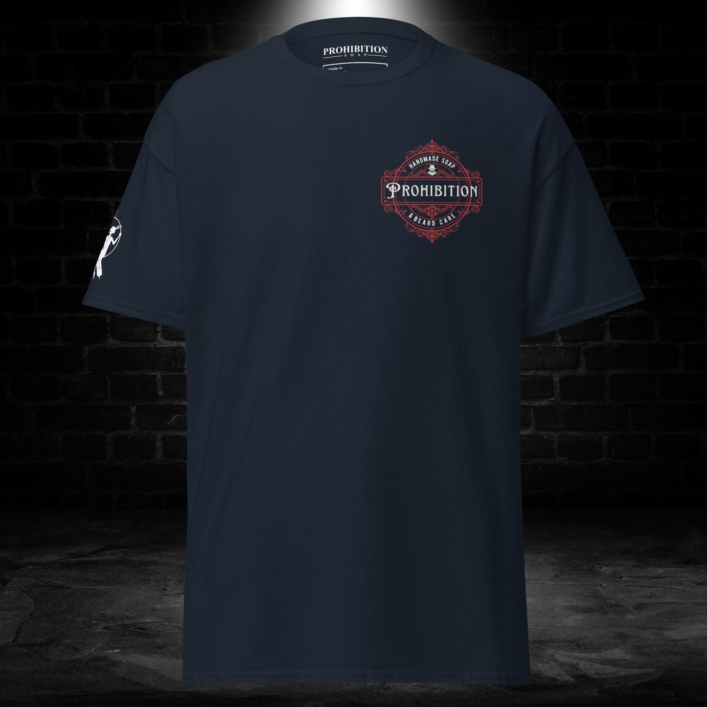 Navy T-shirt back with small Prohibition crest graphic