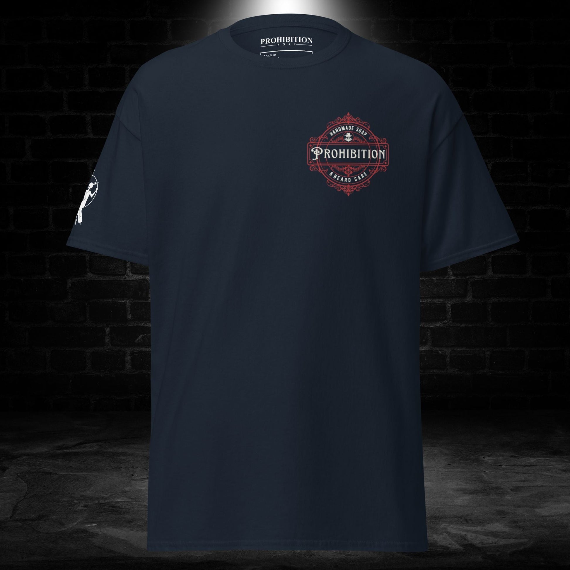 Navy T-shirt back with small Prohibition crest graphic