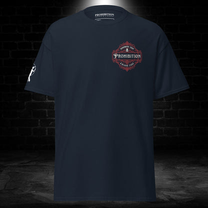 Navy T-shirt back with small Prohibition crest graphic